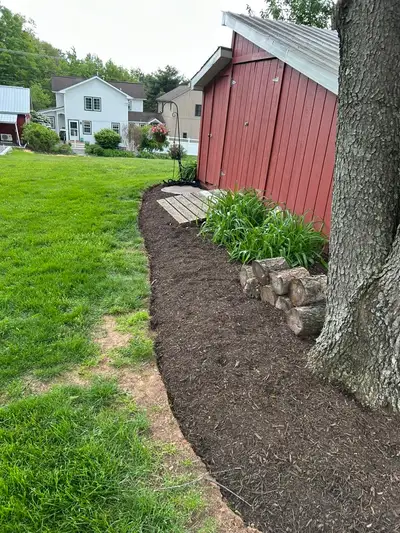 Mulched garden bed along a red shed with ornamental grasses and stacked cut logs at the base of a tree, freshly edged against lawn.